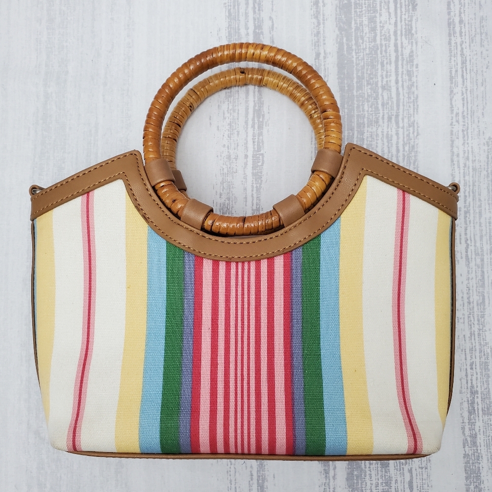FOSSIL Rainbow Striped Small Bag Cane Wrapped Handles with Detachable Strap